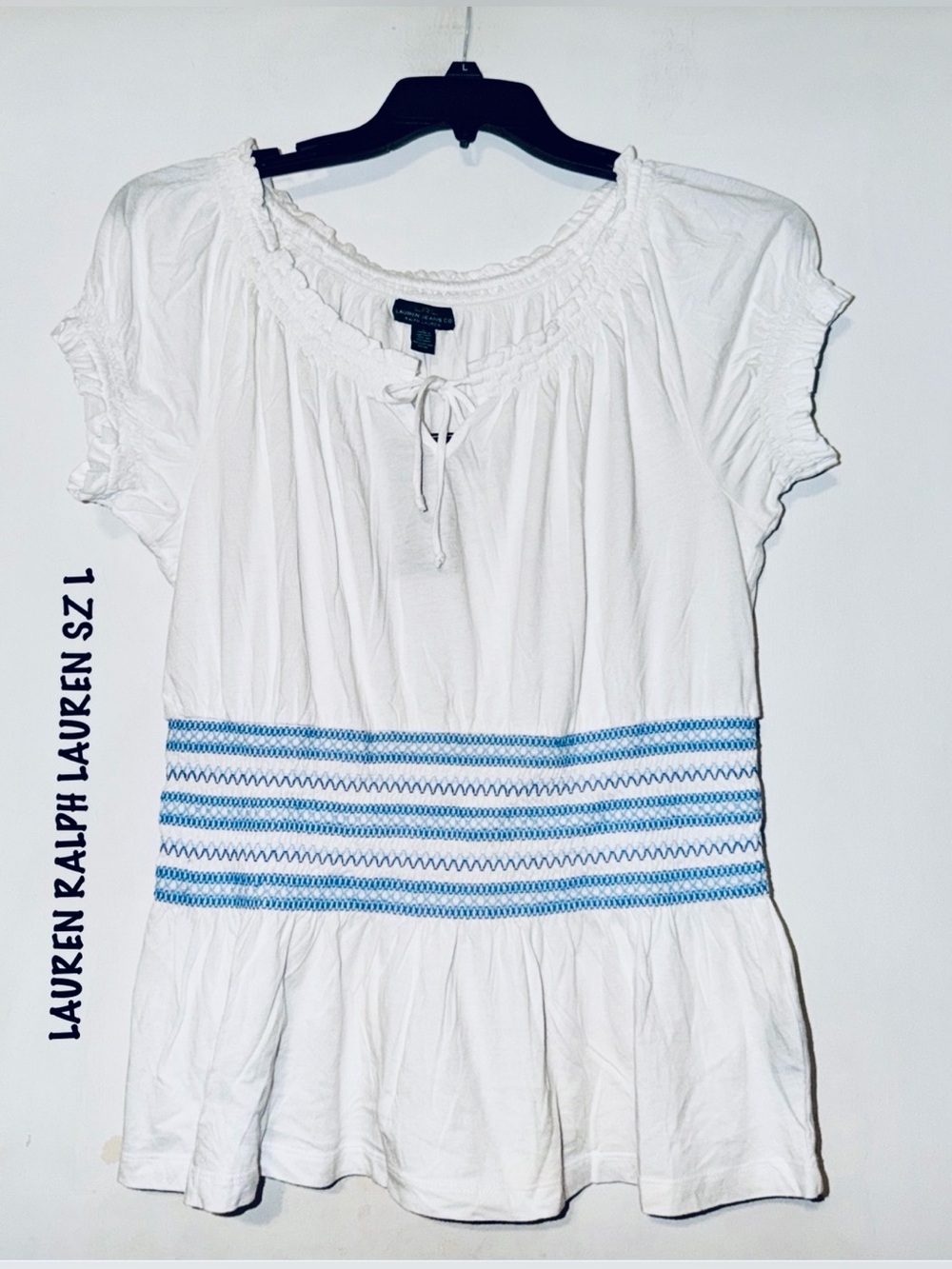 Lauren Ralph Lauren White Short Sleeve Peasant Top with Blue Smocked Waist NWT